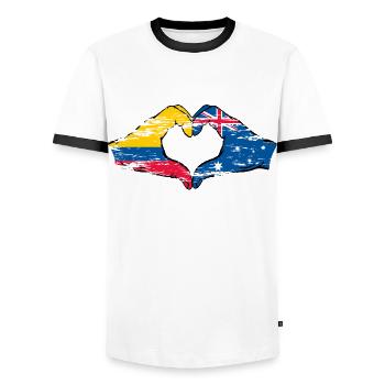 Colombia Australia flag heart shape used - Men's Ringer Shirt - white/black - Front - AI Model Female 172 light (172cm) & AI Model Male 178 dark (178cm)