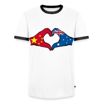 China Australia Flag Heart Shape - Men's Ringer Shirt - white/black - Front - AI Model Female 172 light (172cm) & AI Model Male 178 dark (178cm)