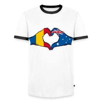 Romania Australia Flag Heart Shape - Men's Ringer Shirt - white/black - Front - AI Model Female 172 light (172cm) & AI Model Male 178 dark (178cm)