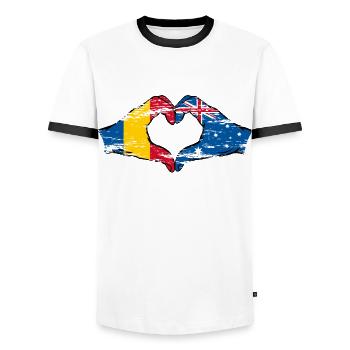 Romania Australia Flag Heart Shape Used - Men's Ringer Shirt - white/black - Front - AI Model Female 172 light (172cm) & AI Model Male 178 dark (178cm)