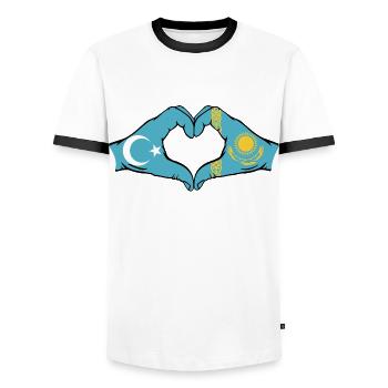 Uiguren Kasachstan Flagge Hände Herzform - Männer Kontrast-T-Shirt - Weiß/Schwarz - Vorne - AI Model Female 172 light (172cm) & AI Model Male 178 dark (178cm)