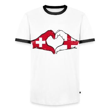 Suisse Angleterre drapeau mains forme coeur utilisé - T-shirt contrasté Homme - blanc/noir - Devant - AI Model Female 172 light (172cm) & AI Model Male 178 dark (178cm)