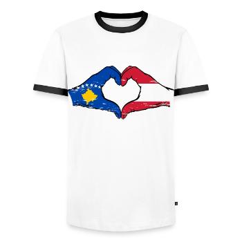 Kosovo Austria Flag Hands Heart Shape Used - Men's Ringer Shirt - white/black - Front - AI Model Female 172 light (172cm) & AI Model Male 178 dark (178cm)