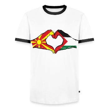 Macedonia Palestine Flag Hands Heart Shape Used - Men's Ringer Shirt - white/black - Front - AI Model Female 172 light (172cm) & AI Model Male 178 dark (178cm)