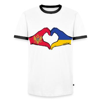 Monténégro Ukraine Drapeau Mains Coeur Forme - T-shirt contrasté Homme - blanc/noir - Devant - AI Model Female 172 light (172cm) & AI Model Male 178 dark (178cm)
