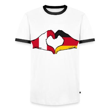 Peru Germany Flag Hands Heart Shape - Men's Ringer Shirt - white/black - Front - AI Model Female 172 light (172cm) & AI Model Male 178 dark (178cm)