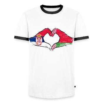 Serbie Biélorussie drapeau mains coeur utilisé - T-shirt contrasté Homme - blanc/noir - Devant - AI Model Female 172 light (172cm) & AI Model Male 178 dark (178cm)