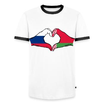 Russia Belarus Flag Hands Heart Shape - Men's Ringer Shirt - white/black - Front - AI Model Female 172 light (172cm) & AI Model Male 178 dark (178cm)