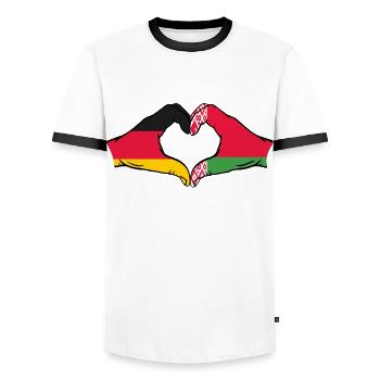 Germany Belarus Flag Hands Heart Shape - Men's Ringer Shirt - white/black - Front - AI Model Female 172 light (172cm) & AI Model Male 178 dark (178cm)