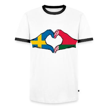 Sweden Belarus Flag Hands Heart Shape - Men's Ringer Shirt - white/black - Front - AI Model Female 172 light (172cm) & AI Model Male 178 dark (178cm)