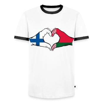 Finnland Belarus Flagge Hände Herzform - Männer Kontrast-T-Shirt - Weiß/Schwarz - Vorne - AI Model Female 172 light (172cm) & AI Model Male 178 dark (178cm)