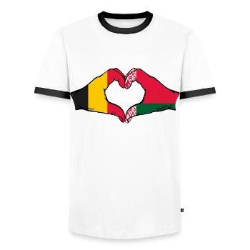 Belgium Belarus Flag Hands Heart Shape - Men's Ringer Shirt - white/black - Front - AI Model Female 172 light (172cm) & AI Model Male 178 dark (178cm)