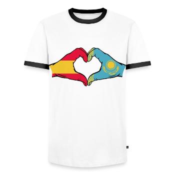 Espagne Kazakhstan Drapeau Mains Coeur Forme - T-shirt contrasté Homme - blanc/noir - Devant - AI Model Female 172 light (172cm) & AI Model Male 178 dark (178cm)