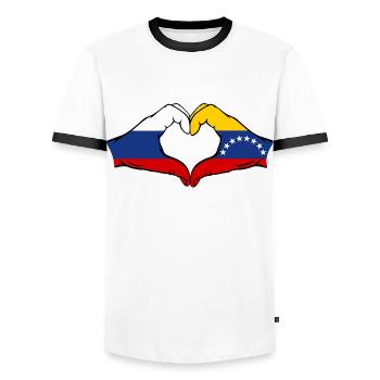 Russia Venezuela Flag Hands Heart Shape - Men's Ringer Shirt - white/black - Front - AI Model Female 172 light (172cm) & AI Model Male 178 dark (178cm)