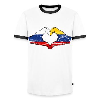 Russia Venezuela Flag Hands Heart Shape used - Men's Ringer Shirt - white/black - Front - AI Model Female 172 light (172cm) & AI Model Male 178 dark (178cm)