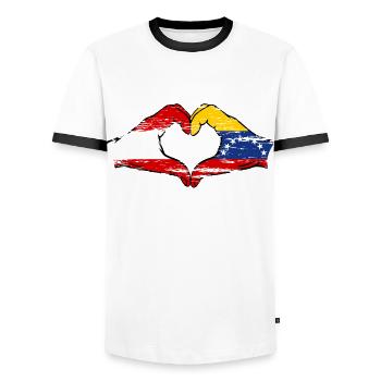 Austria Venezuela Flag Hands Heart Shape used - Men's Ringer Shirt - white/black - Front - AI Model Female 172 light (172cm) & AI Model Male 178 dark (178cm)