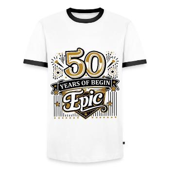 50 years of begin Epic - Men's Ringer Shirt - white/black - Front - AI Model Female 172 light (172cm) & AI Model Male 178 dark (178cm)