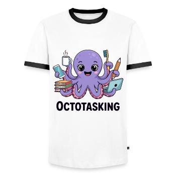 Octotasking Creature in Multitask Mode - Men's Ringer Shirt - white/black - Front - AI Model Female 172 light (172cm) & AI Model Male 178 dark (178cm)