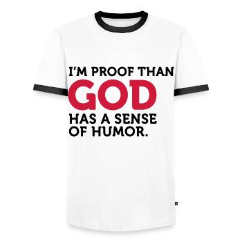 Gott einen Sinn für Humor. Ich bin der Beweis! - Männer Kontrast-T-Shirt - Weiß/Schwarz - Vorne - AI Model Female 172 light (172cm) & AI Model Male 178 dark (178cm)