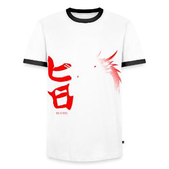 Anime Manga // Dragon Eats Ramen Soup // AS018 - Men's Ringer Shirt - white/black - Front - AI Model Female 172 light (172cm) & AI Model Male 178 dark (178cm)