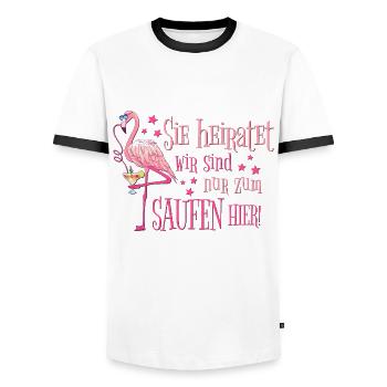 Enterrement de vie de garçon Flamingo Booze disant drôle qu’elle se marie - T-shirt contrasté Homme - blanc/noir - Devant - AI Model Female 172 light (172cm) & AI Model Male 178 dark (178cm)