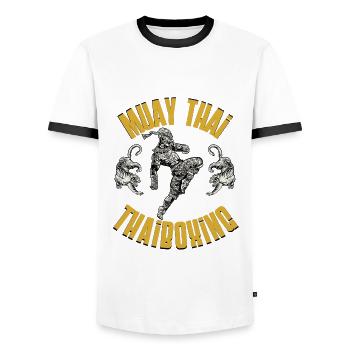 Muay Thaï Boxe Thaïlandaise - T-shirt contrasté Homme - blanc/noir - Devant - AI Model Female 172 light (172cm) & AI Model Male 178 dark (178cm)