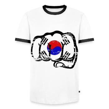 Drapeau de la Corée du Sud Main Poing Utilisé - T-shirt contrasté Homme - blanc/noir - Devant - AI Model Female 172 light (172cm) & AI Model Male 178 dark (178cm)