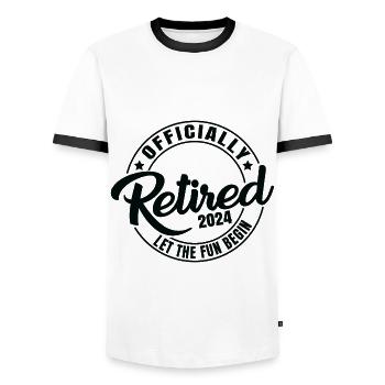 Officially Retired 2024 Let The Fun Begin - Men's Ringer Shirt - white/black - Front - AI Model Female 172 light (172cm) & AI Model Male 178 dark (178cm)
