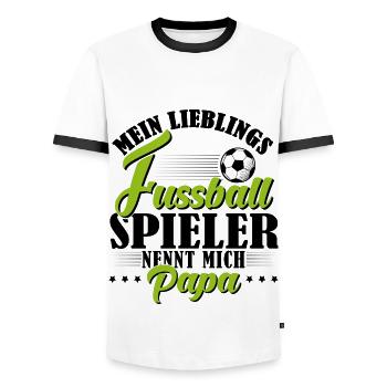 Fussball Spieler Papa - Männer Kontrast-T-Shirt - Weiß/Schwarz - Vorne - AI Model Female 172 light (172cm) & AI Model Male 178 dark (178cm)