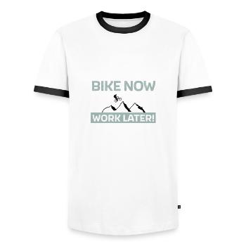 Bike now - work later - Männer Kontrast-T-Shirt - Weiß/Schwarz - Vorne - AI Model Female 172 light (172cm) & AI Model Male 178 dark (178cm)