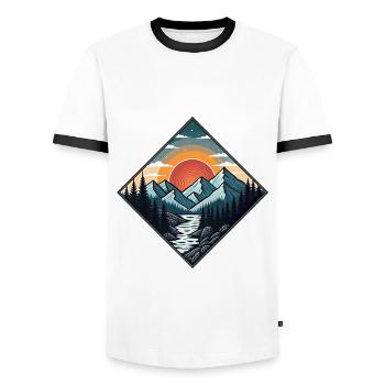 Vintage Illustration Mountains by Sunset in Forest - Men's Ringer Shirt - white/black - Front - AI Model Female 172 light (172cm) & AI Model Male 178 dark (178cm)