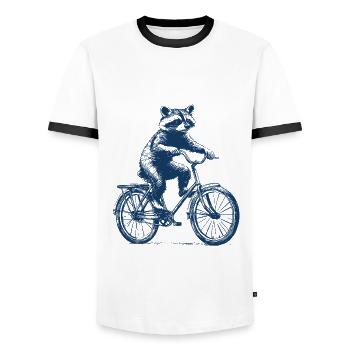 Raccoon rides a bike - Men's Ringer Shirt - white/black - Front - AI Model Female 172 light (172cm) & AI Model Male 178 dark (178cm)