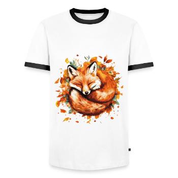 Fox sleeping in autumn leaves - Men's Ringer Shirt - white/black - Front - AI Model Female 172 light (172cm) & AI Model Male 178 dark (178cm)