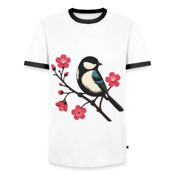 Kirschblüte mit Vogel - Frühlingsruhe Naturmotiv - Männer Kontrast-T-Shirt - Weiß/Schwarz - Vorne - AI Model Female 172 light (172cm) & AI Model Male 178 dark (178cm)