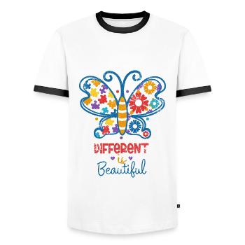 AUTISMUS ANDERS IST SCHÖN SCHMETTERLING ADS SPRUCH - Männer Kontrast-T-Shirt - Weiß/Schwarz - Vorne - AI Model Female 172 light (172cm) & AI Model Male 178 dark (178cm)