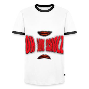 Scholzism; oh love Scholz; Bundeskanzler; Humor: - Männer Kontrast-T-Shirt - Weiß/Schwarz - Vorne - AI Model Female 172 light (172cm) & AI Model Male 178 dark (178cm)