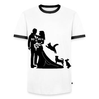 Brautpaar mit Hund Katze und Hase heiraten - Männer Kontrast-T-Shirt - Weiß/Schwarz - Vorne - AI Model Female 172 light (172cm) & AI Model Male 178 dark (178cm)