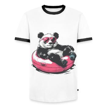 Panda mit Sonnenbrille im pinken Schwimmreifen - Männer Kontrast-T-Shirt - Weiß/Schwarz - Vorne - AI Model Female 172 light (172cm) & AI Model Male 178 dark (178cm)