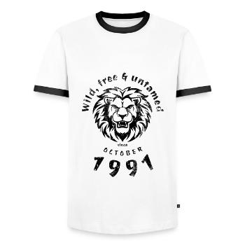 33. Birthday Wild, free & untamed since 10/1991 - Men's Ringer Shirt - white/black - Front - AI Model Female 172 light (172cm) & AI Model Male 178 dark (178cm)