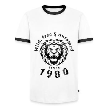 44th Birthday Wild, free & untamed since 1980 - Men's Ringer Shirt - white/black - Front - AI Model Female 172 light (172cm) & AI Model Male 178 dark (178cm)