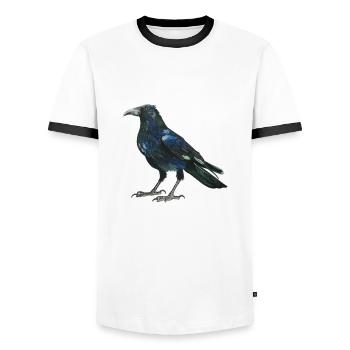 Raven crow with slightly bluish green feathers - Men's Ringer Shirt - white/black - Front - AI Model Female 172 light (172cm) & AI Model Male 178 dark (178cm)