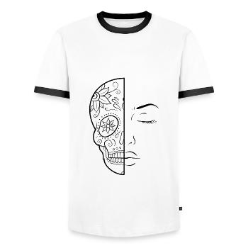 Mexican skull half face of woman line art - Men's Ringer Shirt - white/black - Front - AI Model Female 172 light (172cm) & AI Model Male 178 dark (178cm)