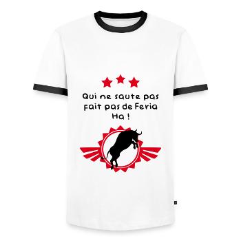 Qui ne saute pas fait pas de Feria, ha ! - T-shirt contrasté Homme - blanc/noir - Devant - AI Model Female 172 light (172cm) & AI Model Male 178 dark (178cm)