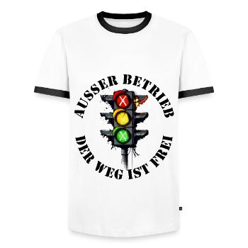 Un gouvernement aux feux tricolores en panne - Critique politique - T-shirt contrasté Homme - blanc/noir - Devant - AI Model Female 172 light (172cm) & AI Model Male 178 dark (178cm)
