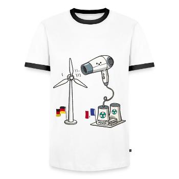 Wind Power vs Nuclear Power Funny Satire - Men's Ringer Shirt - white/black - Front - AI Model Female 172 light (172cm) & AI Model Male 178 dark (178cm)