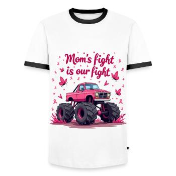 Mom’s Fight Is Our Fight - Breast Cancer Awareness - Men's Ringer Shirt - white/black - Front - AI Model Female 172 light (172cm) & AI Model Male 178 dark (178cm)