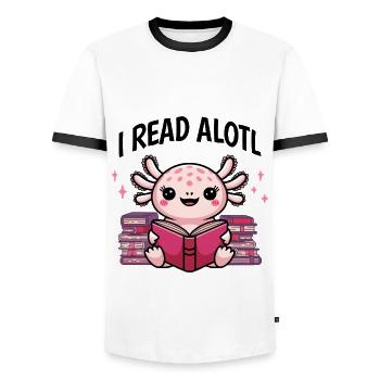 J’ai lu Alotl - Cute Axolotl Bookworm - T-shirt contrasté Homme - blanc/noir - Devant - AI Model Female 172 light (172cm) & AI Model Male 178 dark (178cm)