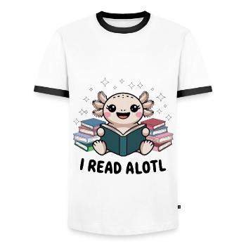 J’ai lu Alotl - Cute Axolotl Bookworm - T-shirt contrasté Homme - blanc/noir - Devant - AI Model Female 172 light (172cm) & AI Model Male 178 dark (178cm)
