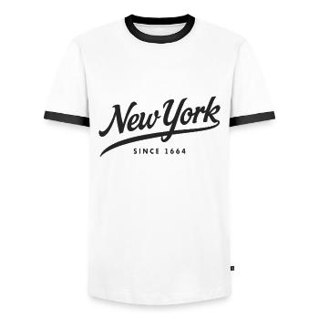 La Grosse Pomme de New York depuis 1664 - T-shirt contrasté Homme - blanc/noir - Devant - AI Model Female 172 light (172cm) & AI Model Male 178 dark (178cm)