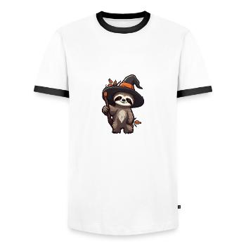 Mignon paresseux d’Halloween avec chapeau de sorcière. - T-shirt contrasté Homme - blanc/noir - Devant - AI Model Female 172 light (172cm) & AI Model Male 178 dark (178cm)